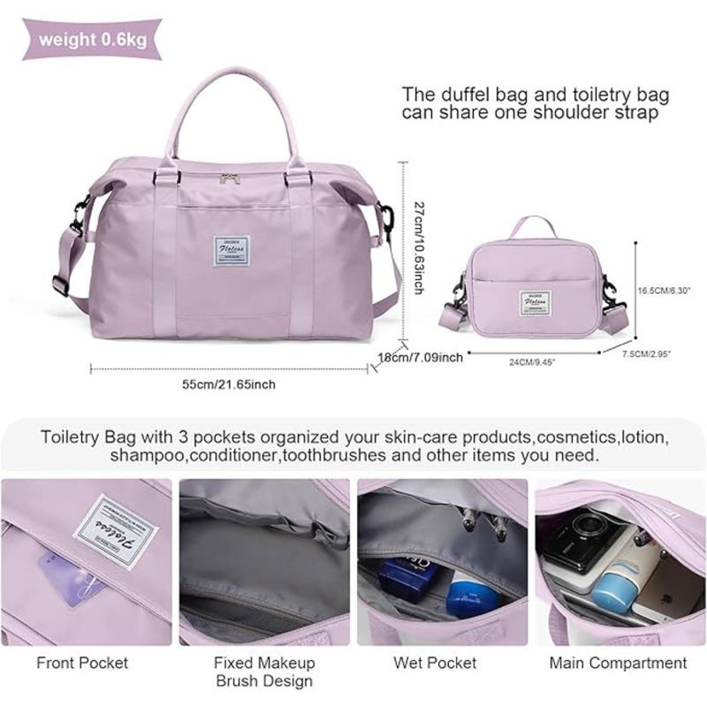 Gym Duffel Bags for Women Purple Cute Travel Tote Bag with Toiletry Bag Carry - Picture 3 of 7